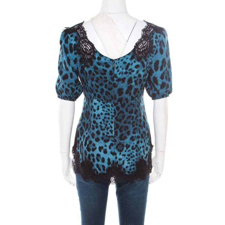 Pre Owned Dolce & Gabbana Blue Leopard Printed Silk Scalloped Lace Detail Blouse S