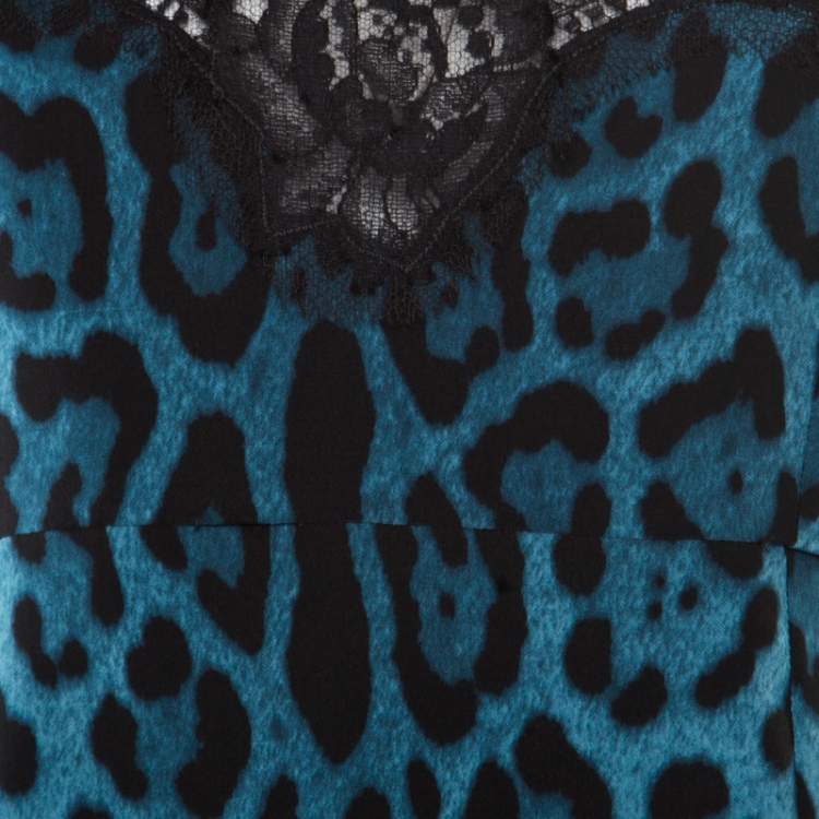 Pre Owned Dolce & Gabbana Blue Leopard Printed Silk Scalloped Lace Detail Blouse S