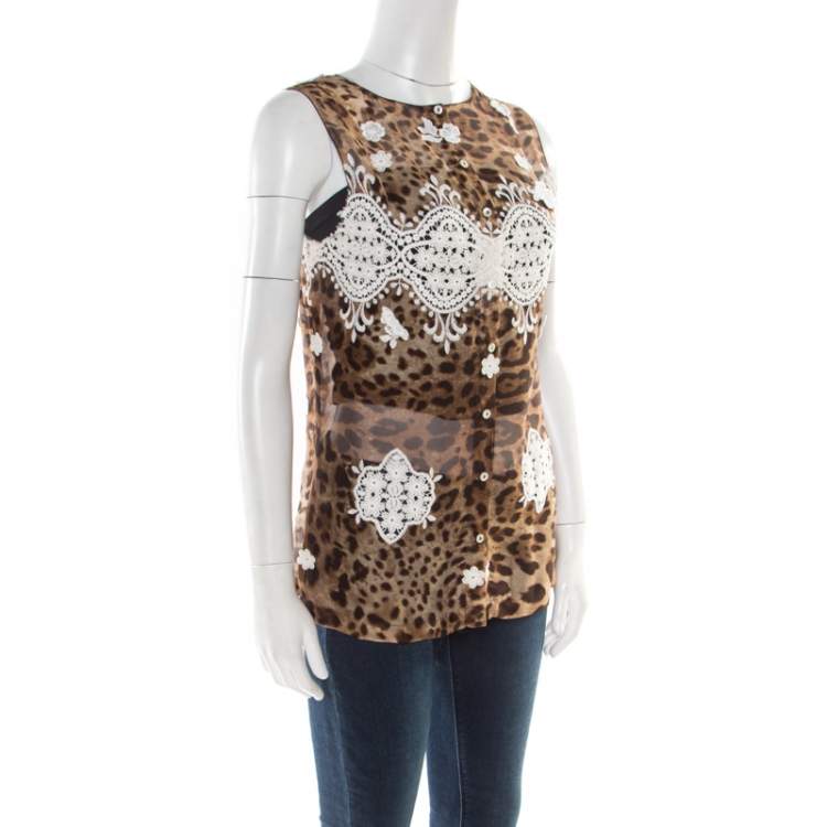 Pre Owned Dolce & Gabbana Leopard Printed Silk Contrast Lace Insert Sleeveless Top M
