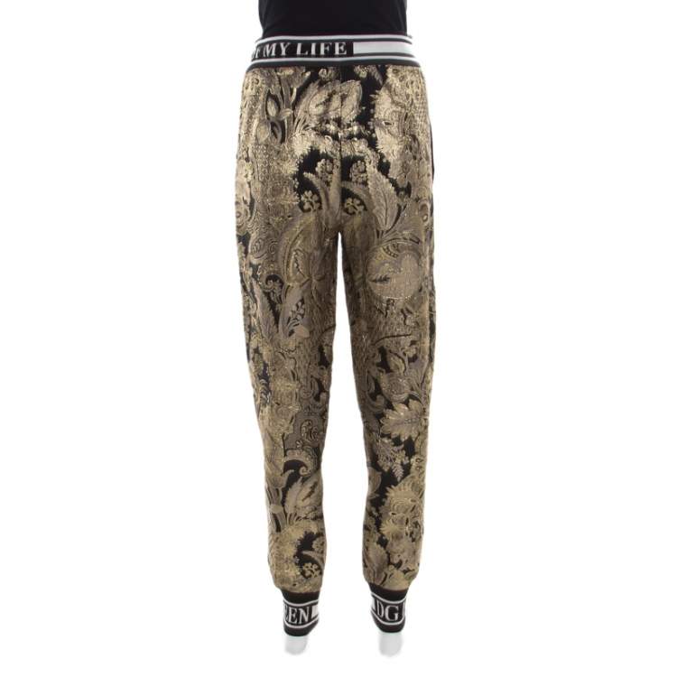 Pre Owned Dolce & Gabbana Gold Floral Brocade Knit Trim Jogger Pants S
