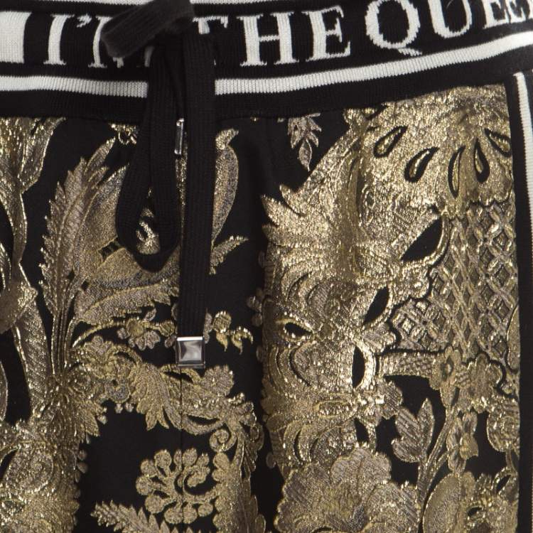 Pre Owned Dolce & Gabbana Gold Floral Brocade Knit Trim Jogger Pants S