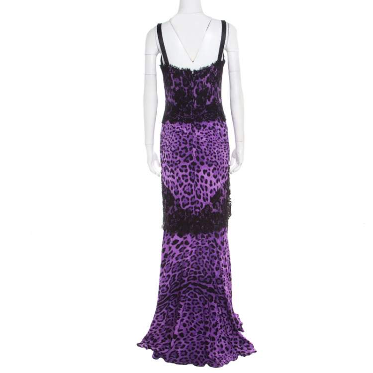 مملوكة مسبقًا Dolce & Gabbana Purple Leopard Printed Silk Lace Trim Ruched Maxi Dress M