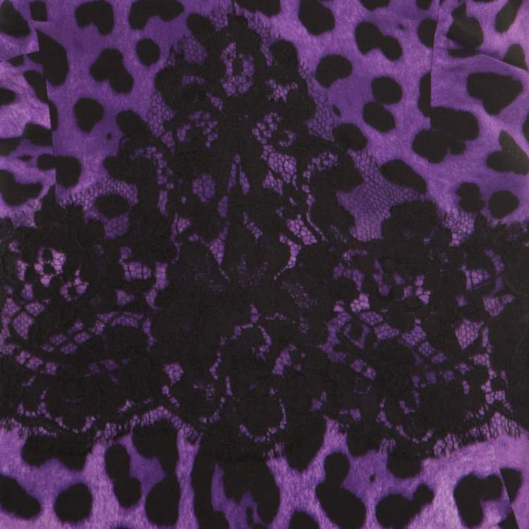 مملوكة مسبقًا Dolce & Gabbana Purple Leopard Printed Silk Lace Trim Ruched Maxi Dress M