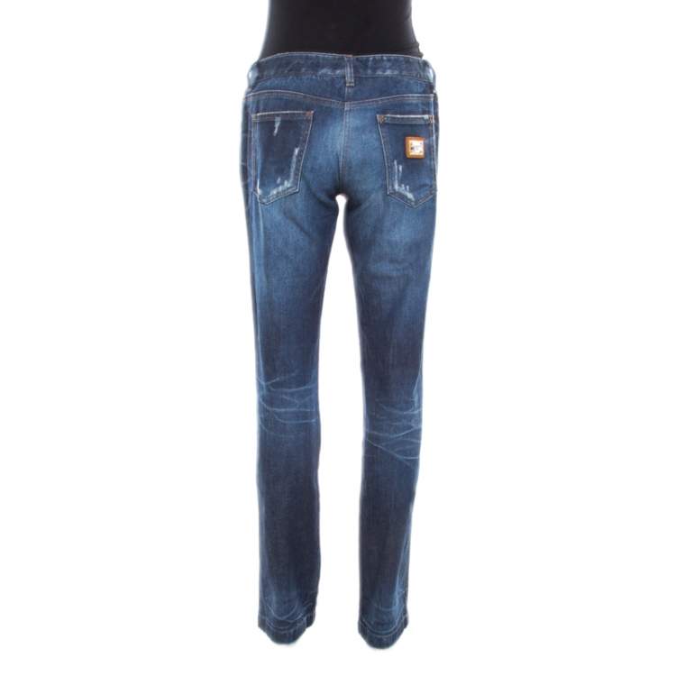 Pre Owned Dolce & Gabbana Indigo Washed Denim Distressed Straight Fit Jeans M