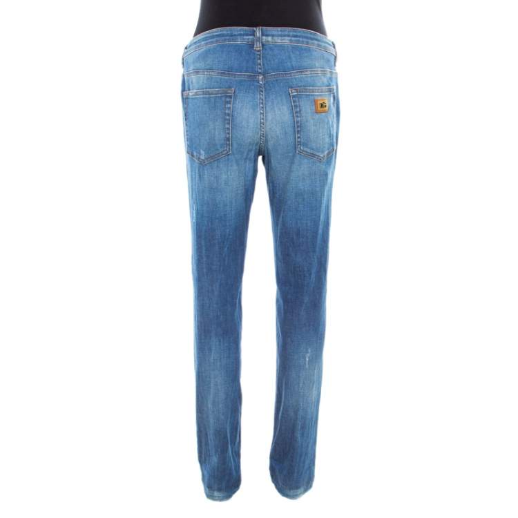Pre Owned Dolce & Gabbana Indigo Faded Effect Distressed  Denim Straight Fit Cute Jeans L