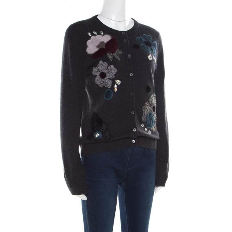 Pre Owned Dolce & Gabbana Grey Embellished Floral Applique Detail Cashmere Cardigan M