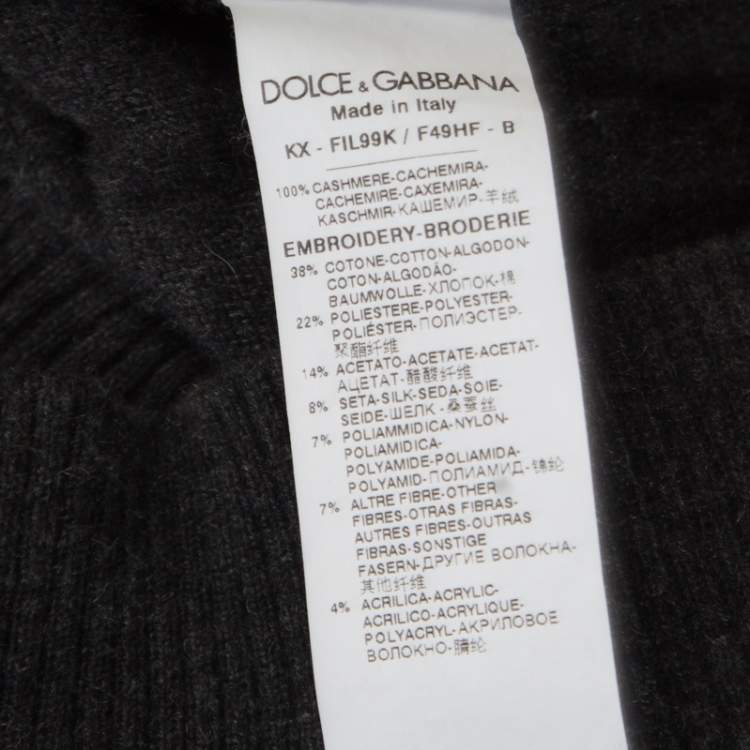Pre Owned Dolce & Gabbana Grey Embellished Floral Applique Detail Cashmere Cardigan M