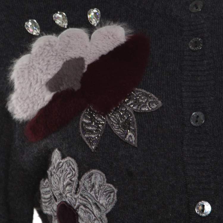 Pre Owned Dolce & Gabbana Grey Embellished Floral Applique Detail Cashmere Cardigan M