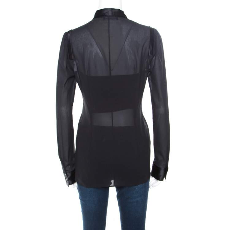 مملوكة مسبقًا Dolce & Gabbana Black Satin Trim Neck Tie Detail Long Sleeve Blouse S