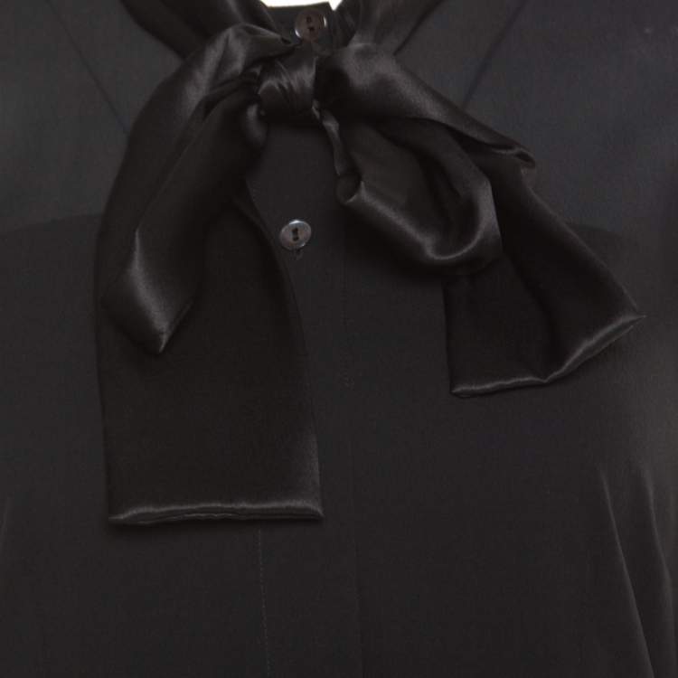 مملوكة مسبقًا Dolce & Gabbana Black Satin Trim Neck Tie Detail Long Sleeve Blouse S