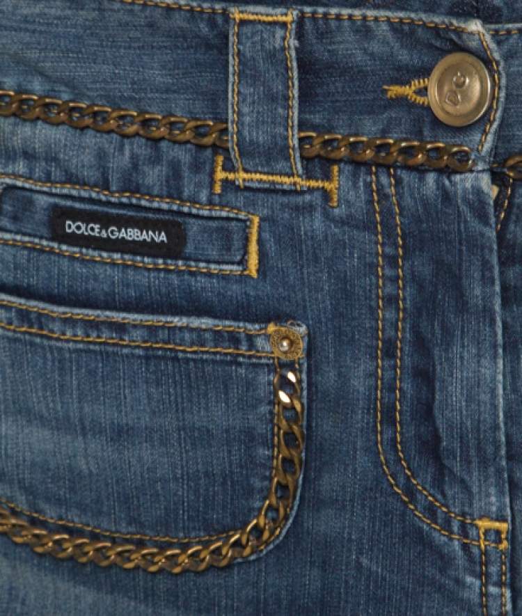 Pre Owned Dolce & Gabbana Indigo Dark Wash Faded Effect Chain Embellished Jeans S