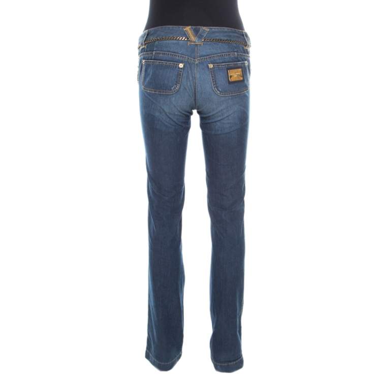 Pre Owned Dolce & Gabbana Indigo Dark Wash Faded Effect Chain Embellished Jeans S