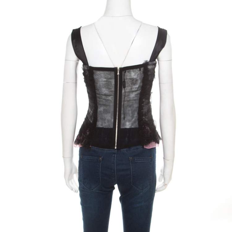 Pre Owned Dolce & Gabbana Black Dotted Tulle and Lace Bow Detail Corset Top M