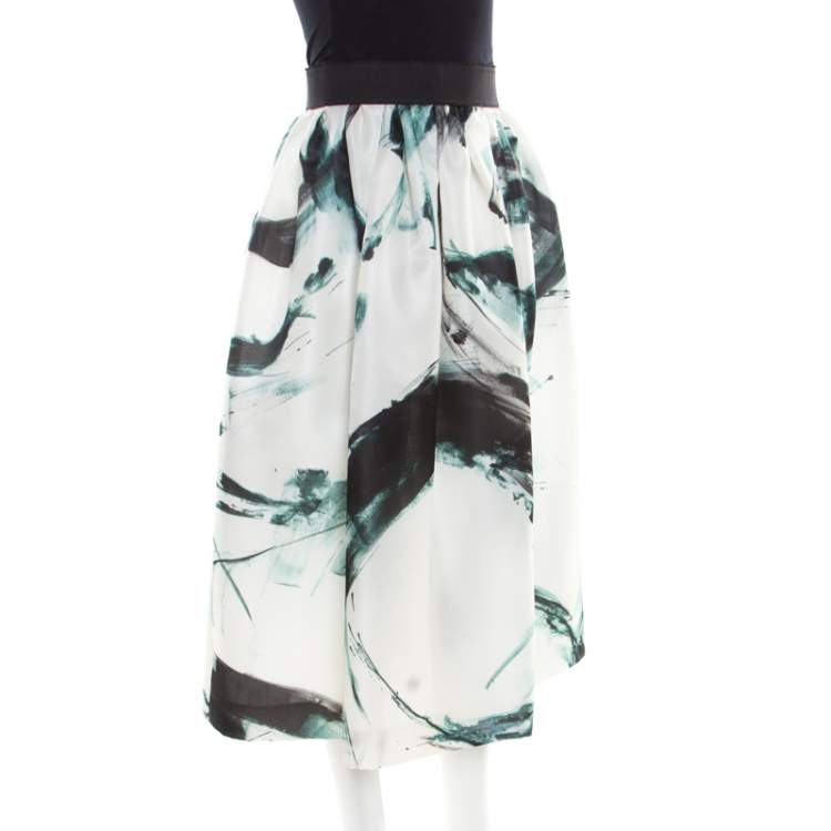 Pre Owned Dolce & Gabbana White Brushstroke Printed Organza Midi Skirt M