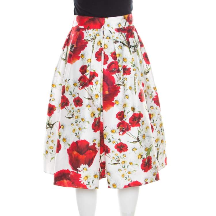 Pre Owned Dolce & Gabbana White and Red Floral Printed Cotton and Silk Pleated Skirt M