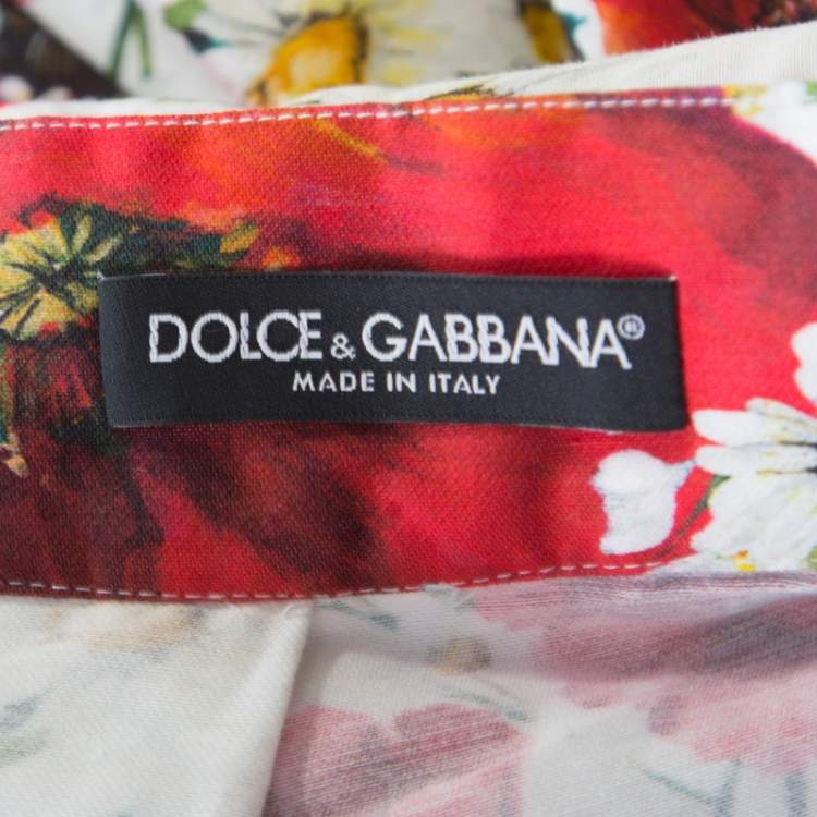 Pre Owned Dolce & Gabbana White and Red Floral Printed Cotton and Silk Pleated Skirt M