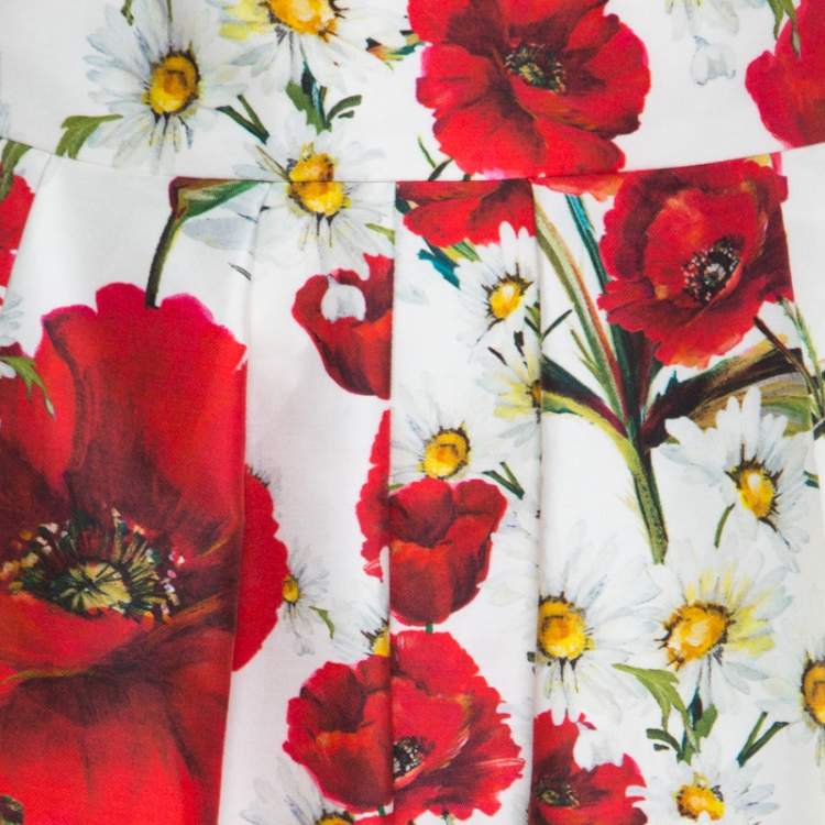 Pre Owned Dolce & Gabbana White and Red Floral Printed Cotton and Silk Pleated Skirt M