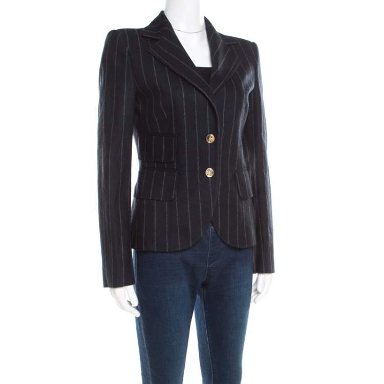 Pre Owned Dolce & Gabbana Navy Blue and Grey Striped Wool Tailored Blazer S