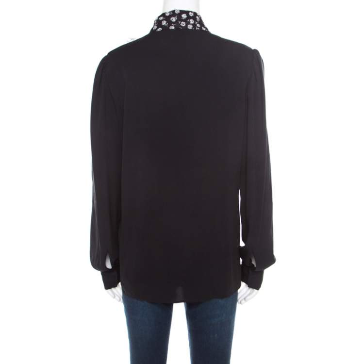 Pre Owned Dolce & Gabbana Monochrome Small Flower Print Silk Ruffled Bib Blouse M