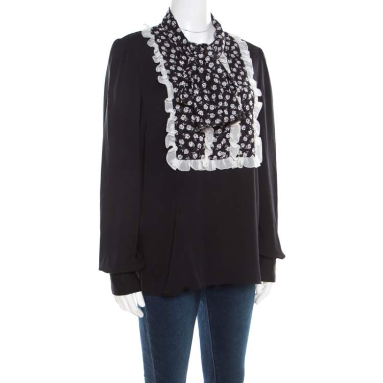 Pre Owned Dolce & Gabbana Monochrome Small Flower Print Silk Ruffled Bib Blouse M