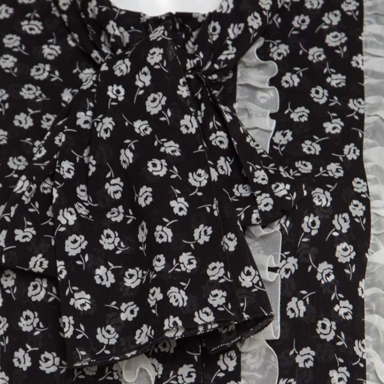 Pre Owned Dolce & Gabbana Monochrome Small Flower Print Silk Ruffled Bib Blouse M
