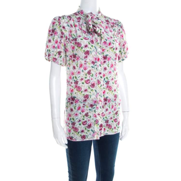 Pre Owned Dolce & Gabbana White Floral Printed Neck Tie Detail Blouse S