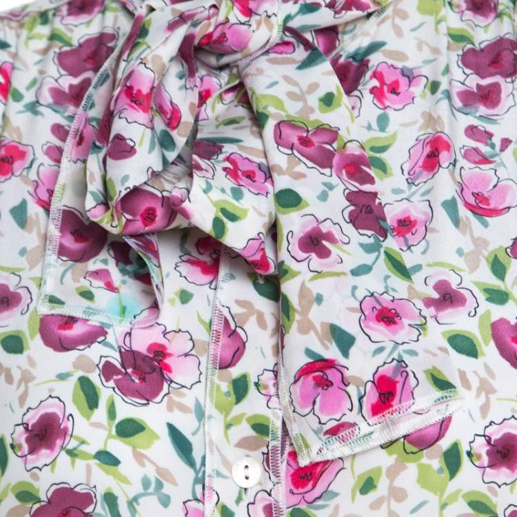 Pre Owned Dolce & Gabbana White Floral Printed Neck Tie Detail Blouse S