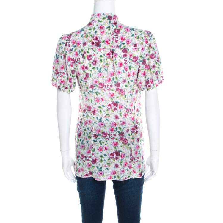 Pre Owned Dolce & Gabbana White Floral Printed Neck Tie Detail Blouse S