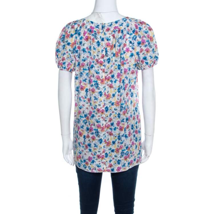 مملوكة مسبقًا Dolce & Gabbana White Floral Printed Gathered Puff Sleeve Blouse S