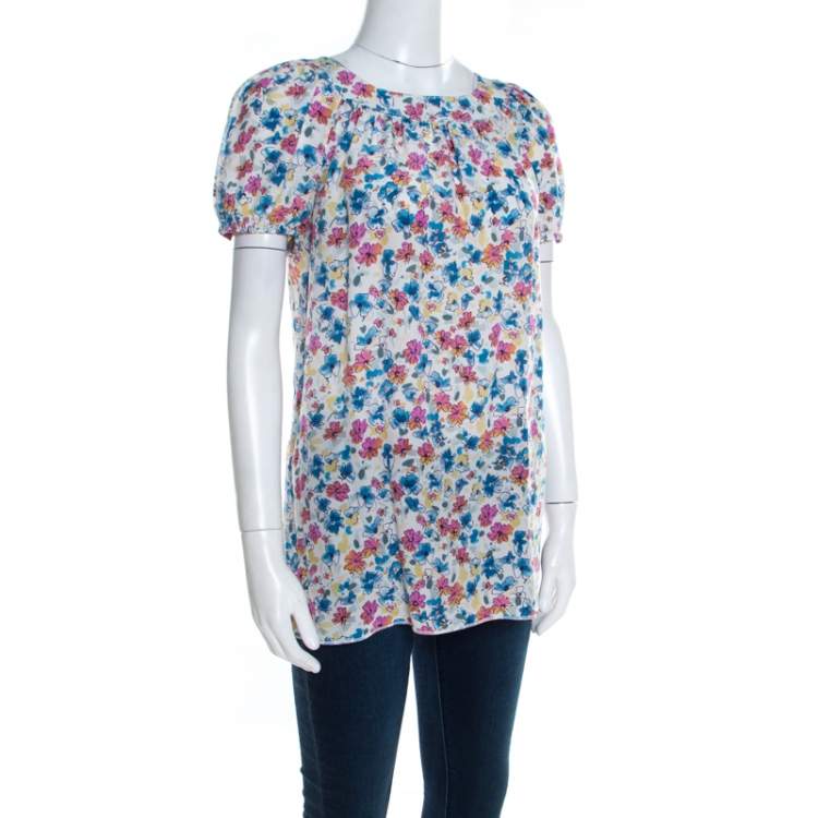 مملوكة مسبقًا Dolce & Gabbana White Floral Printed Gathered Puff Sleeve Blouse S