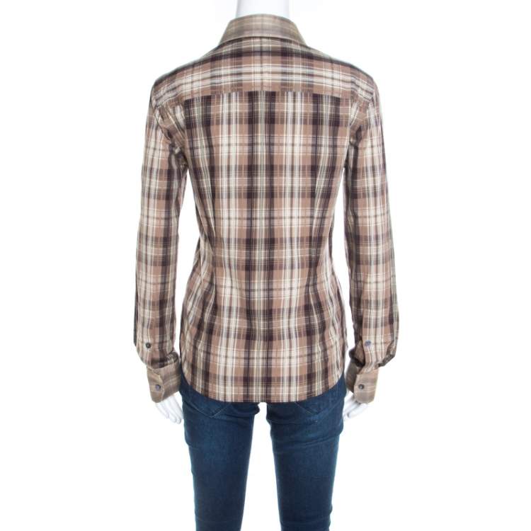 Pre Owned Dolce & Gabbana Brown Checked Cotton Organza Trim Shirt S