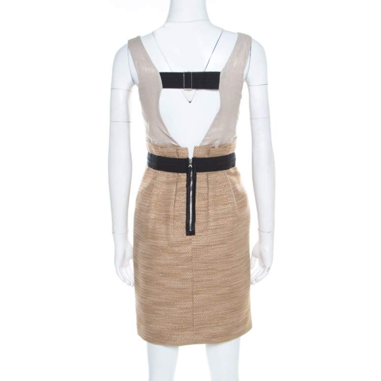 Pre Owned Dolce & Gabbana Gold Foil Print Bodice Sleeveless Tweed Dress S 
