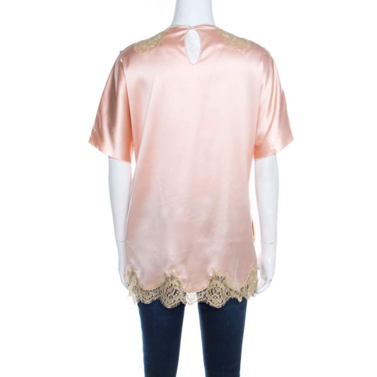 Pre Owned Dolce & Gabbana Peach Satin Silk Lace Trimmed Kimono Sleeve Blouse S