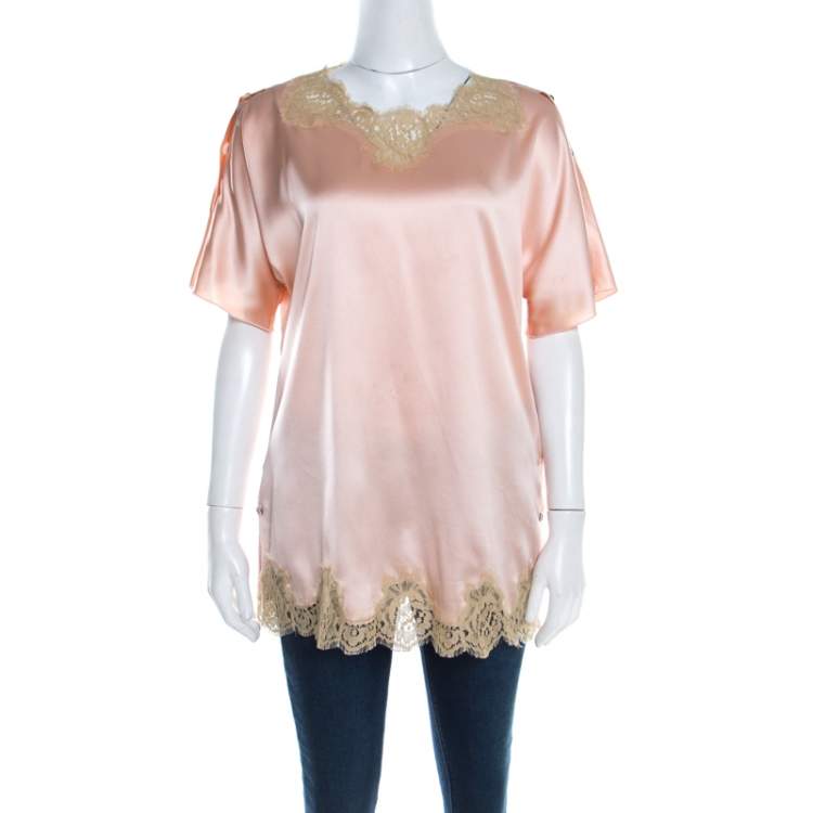 Pre Owned Dolce & Gabbana Peach Satin Silk Lace Trimmed Kimono Sleeve Blouse S