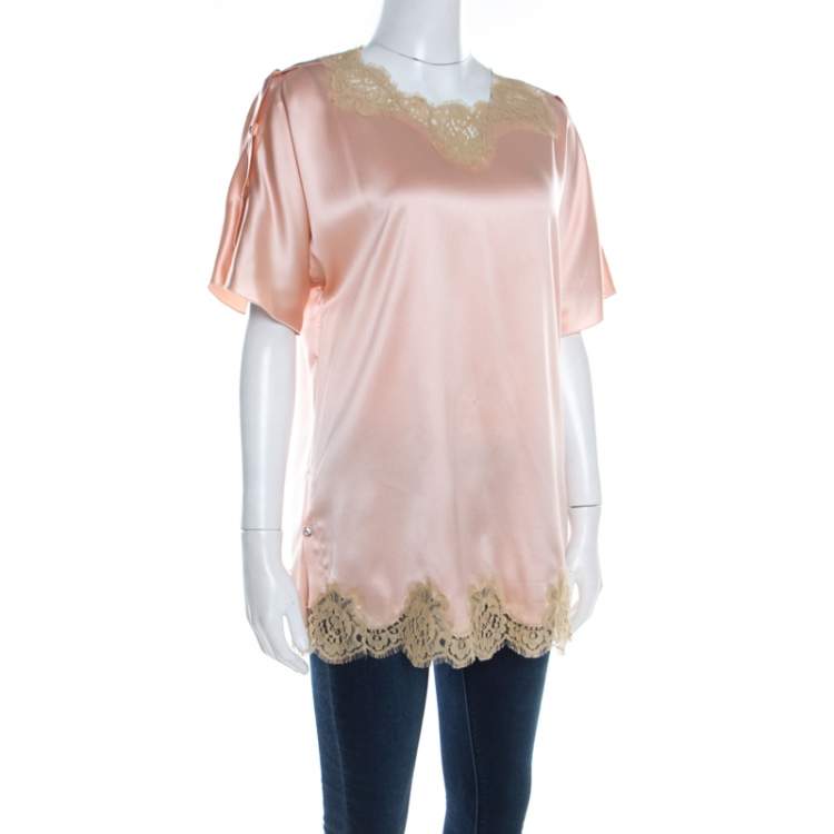 Pre Owned Dolce & Gabbana Peach Satin Silk Lace Trimmed Kimono Sleeve Blouse S