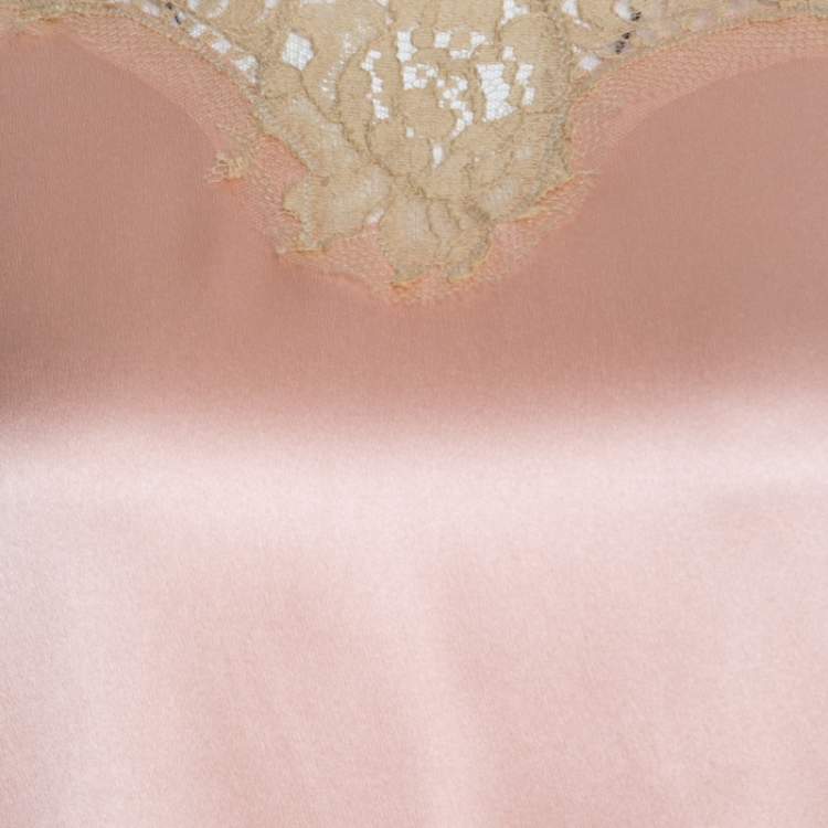 Pre Owned Dolce & Gabbana Peach Satin Silk Lace Trimmed Kimono Sleeve Blouse S