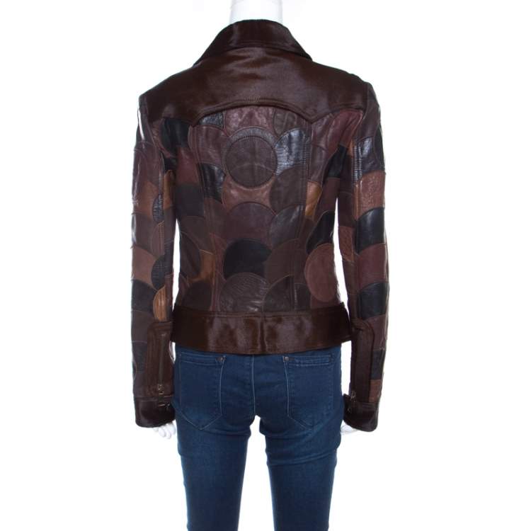 Pre Owned Dolce & Gabbana Brown Calfskin Circular Patchwork Leather Zip Front Jacket M