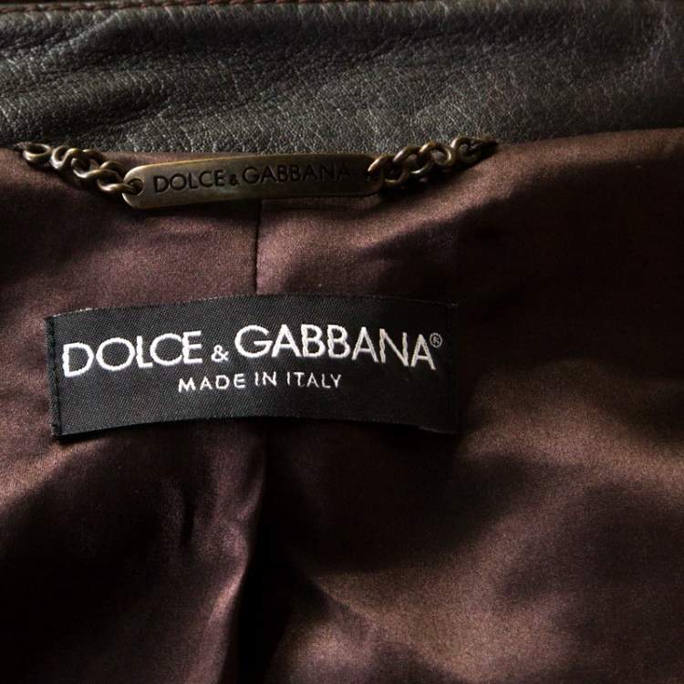 Pre Owned Dolce & Gabbana Brown Calfskin Circular Patchwork Leather Zip Front Jacket M