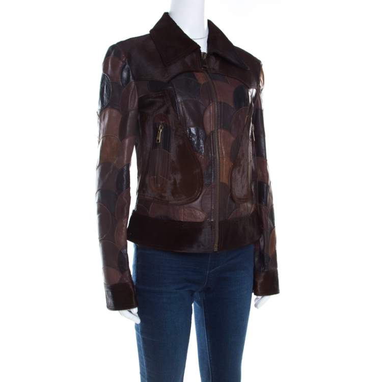 Pre Owned Dolce & Gabbana Brown Calfskin Circular Patchwork Leather Zip Front Jacket M