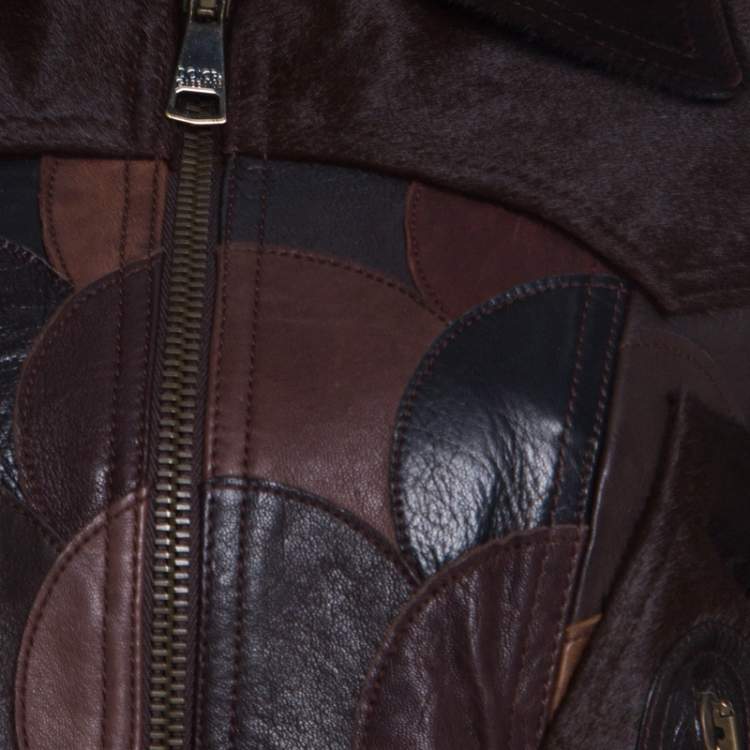 Pre Owned Dolce & Gabbana Brown Calfskin Circular Patchwork Leather Zip Front Jacket M