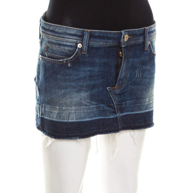 Pre Owned Dolce & Gabbana Indigo Washed Denim Distressed Frayed Edge Mini skirt S