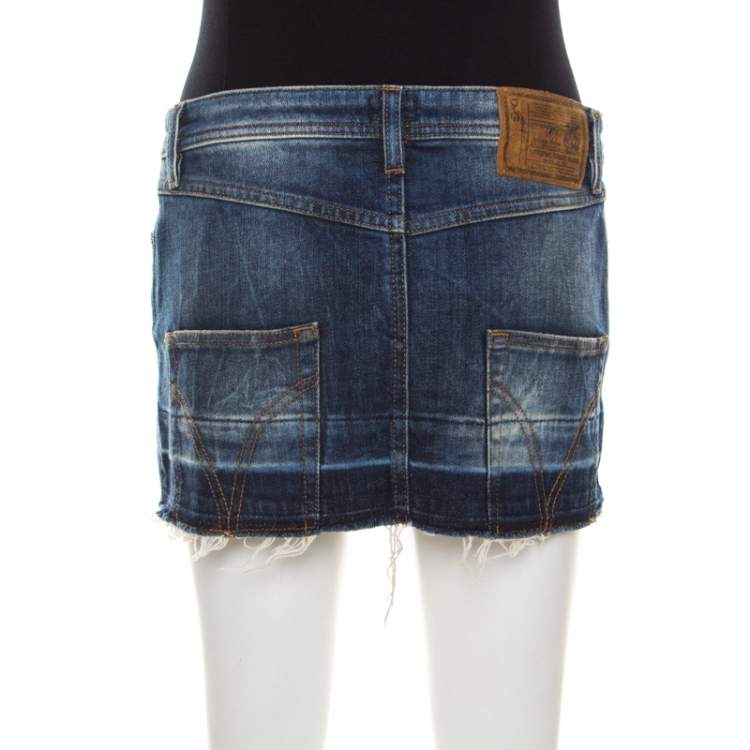 Pre Owned Dolce & Gabbana Indigo Washed Denim Distressed Frayed Edge Mini skirt S