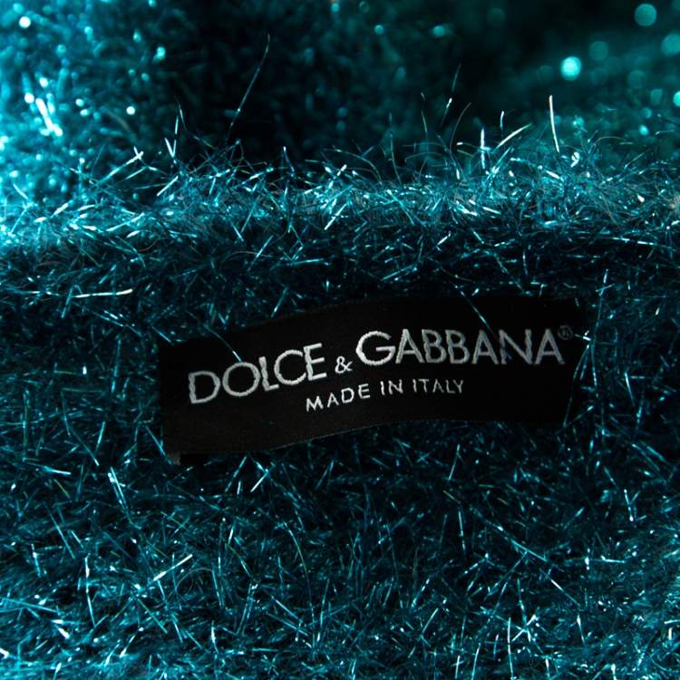 Pre Owned Dolce & Gabbana Metallic Blue Tinsel Rib Knit Floral Applique Sweater S