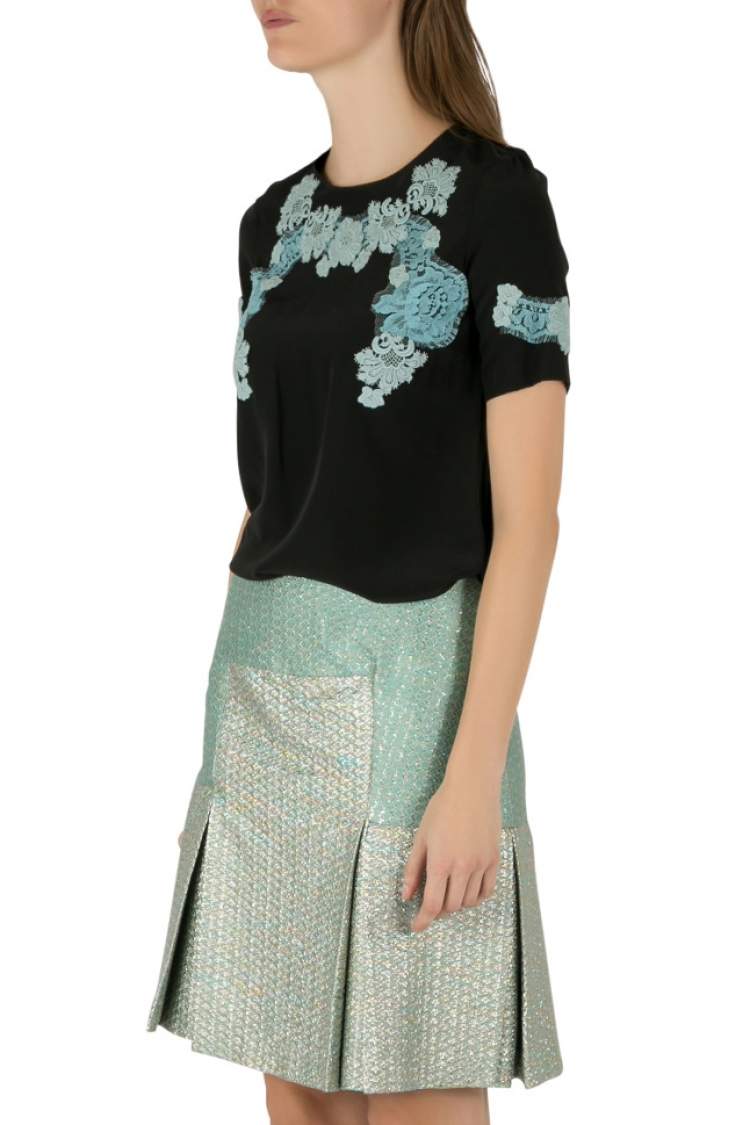 Pre Owned Dolce & Gabbana Black Silk Lace Applique Detail Short Sleeve Blouse S