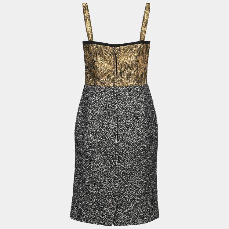 Pre Owned Dolce & Gabbana Colorblock Gold Brocade and Tweed Sleeveless Dress S