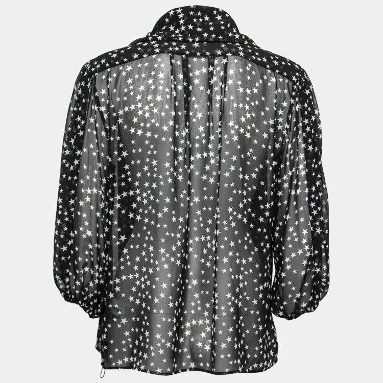 Pre Owned Dolce & Gabbana Black and White Star Print Neck Tie Detail Blouse M