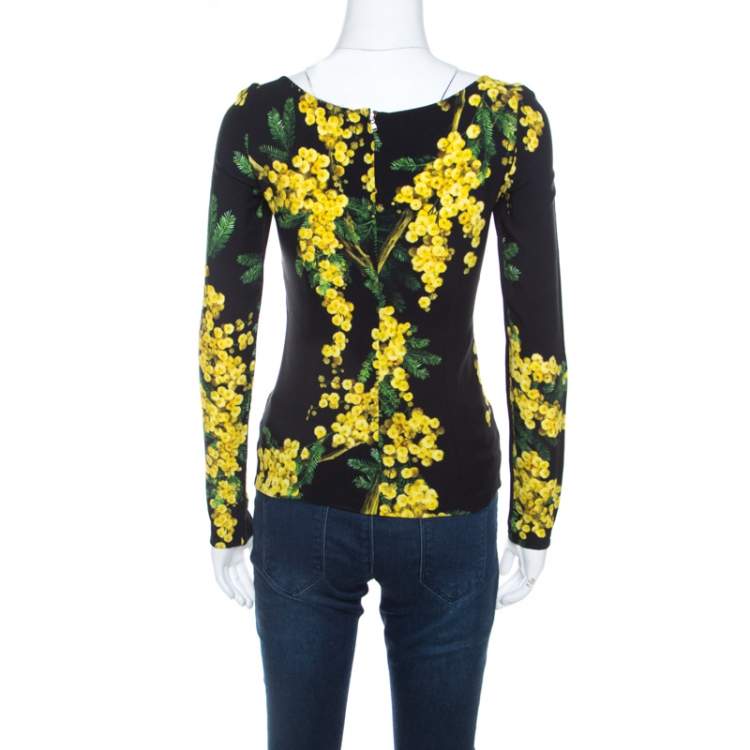 Pre Owned Dolce & Gabbana Black and Yellow Floral Acacia Print Long Sleeve Top S