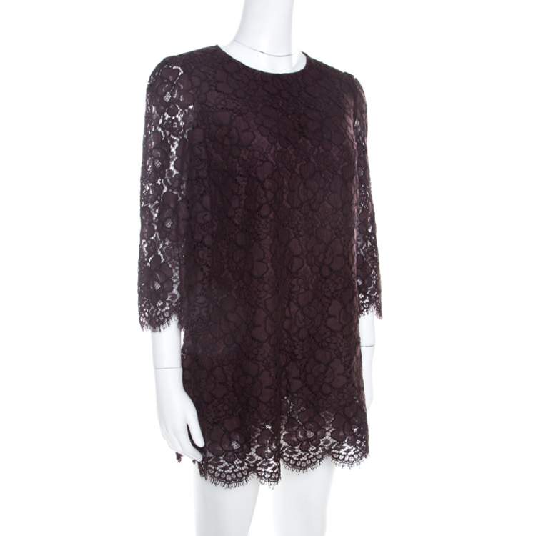 Pre Owned Dolce & Gabbana Brown Lace Three Quarter Sleeve Tunic Top M 
