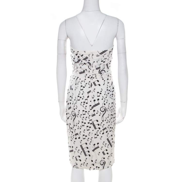 Pre Owned Dolce & Gabbana White and Black Musical Note Printed Silk Strapless Dress S
