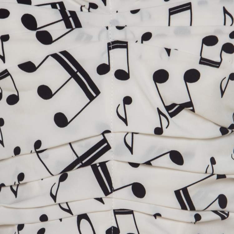Pre Owned Dolce & Gabbana White and Black Musical Note Printed Silk Strapless Dress S